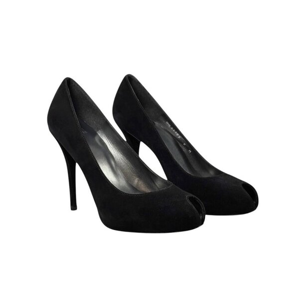 Stuart Weitzman Pip Toe Heels Sz.9 Black Suede Hidden Platform Minimalist Pumps - Picture 1 of 10